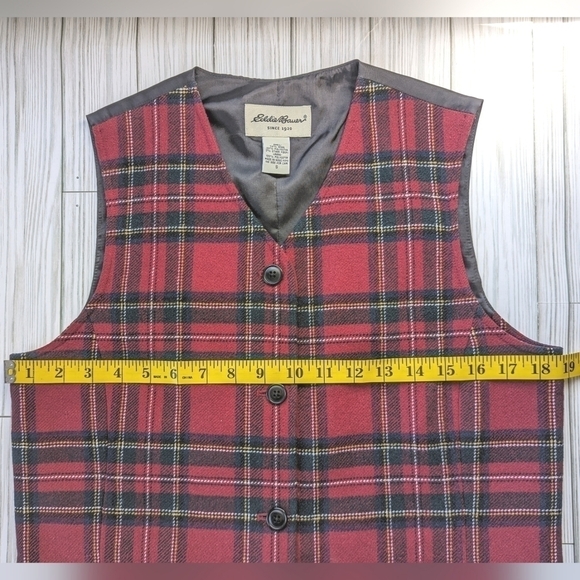 Vintage Eddie Bauer Tartan Tie Back Wool Vest in Red and Green Plaid Size Small - Picture 6 of 10
